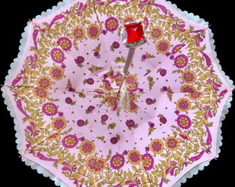 Amazing antique double layer pink and red floral parasol umbrella with a huge red stone at the end