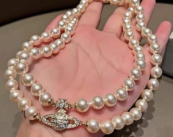 Pre-owned Vivian Westwood Double Pearl Saturn Necklace Silver Pendant Vintage Designer Gift
