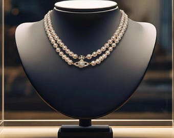 Pre-owned Vivian Westwood Double Pearl Saturn Necklace Silver Pendant Vintage Designer Gift