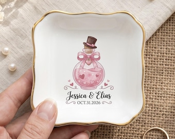 Personalized Wedding Ring Dish, Custom Couple Names and Date Jewelry Dish, Love Potion Trinket Tray, Engagement Bridal Shower Gift