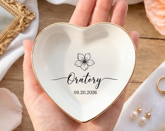 Personalized Wedding Ring Dish, Custom Name & Date Jewelry Tray, Floral Engagement Gift, Bridal Shower Gift, Ring Holder