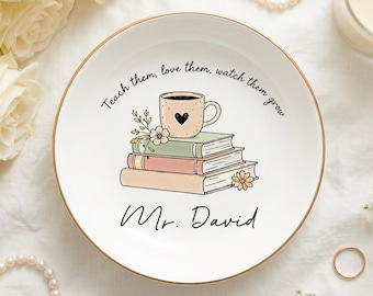 Personalized Teacher Trinket Dish, Floral Book Ring Dish, Custom Teacher Appreciation Gift, Thank You Teacher Desk Keepsake