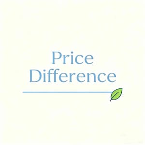 May include: A square graphic featuring the text Price Difference in light blue serif font. Below the text is a horizontal light blue line that terminates on the right side with a small, simple green leaf icon against a plain off-white background.