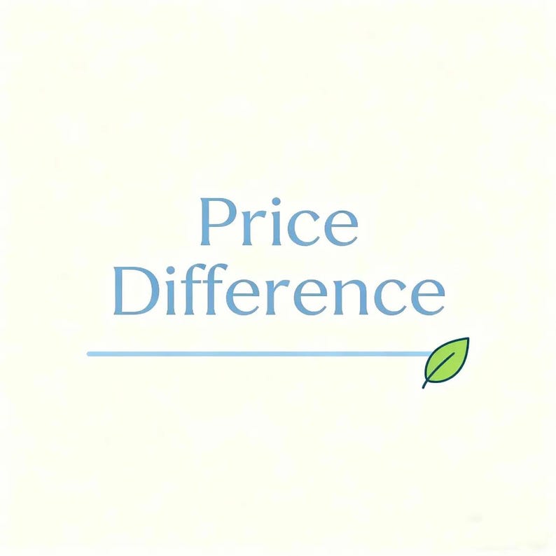 May include: A square graphic featuring the text Price Difference in light blue serif font. Below the text is a horizontal light blue line that terminates on the right side with a small, simple green leaf icon against a plain off-white background.