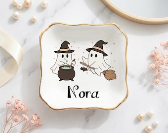 Personalized Halloween Ring Dish, Custom Name Witch Ghost Jewelry Tray, Cute Spooky Ring Holder, Ghost Gift, Halloween Keepsake