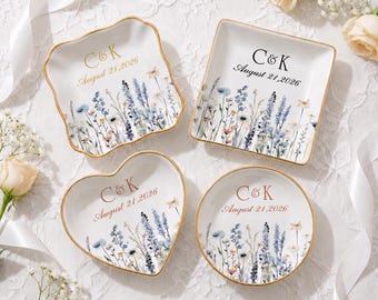 Personalized Wedding Ring Dish, Custom Initials & Date Trinket Tray, Wildflower Jewelry Dish, Bridal Shower Gift, Anniversary Gift