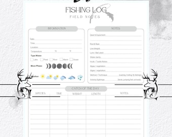 Könnte beinhalten: Eine weiße Angel-Logbuchseite mit dem Text "FISHING LOG PAGE" oben. Die Seite enthält Abschnitte für Informationen, Notizen und "Catch of the Day". Eine schwarz-weiße Fischgrafik befindet sich oben.