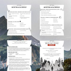 May include: A Bug Out Bag checklist with expert insights. The image features a checklist with sections for shelter, food, first aid, and other tools. The background shows a mountain landscape and a cityscape silhouette.