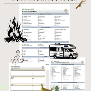 May include: A printable RV camping checklist with sections for kitchen, tools, meal planning, and safety. Includes a campfire graphic, a map, and a drawing of an RV. The text includes lists of items to pack for a camping trip.