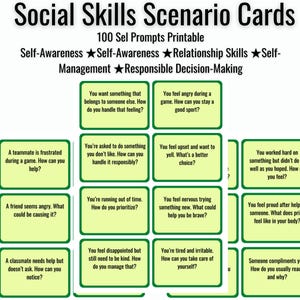 May include: Printable social skills scenario cards with prompts for self-awareness, relationship skills, and responsible decision-making. Each card presents a question to encourage reflection and discussion about social situations.