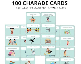 印刷可能なシャレードゲーム | カード100枚、家族向け（デジタルダウンロード）