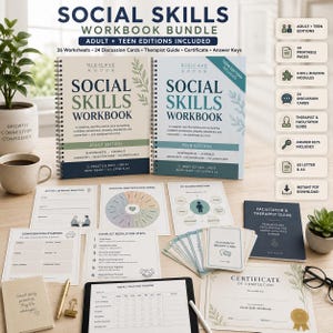 Op de afbeelding: Een Social Skills werkboekbundel met edities voor volwassenen en tieners, 26 werkbladen, 24 discussiekaarten, een therapeutenhandleiding en een certificaat, inclusief oefenpagina's en een wekelijkse tracker voor dagelijkse oefeningen.