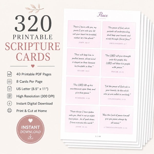 320 Printable Scripture Cards, Bible Verse Affirmations (Instant Download PDF)