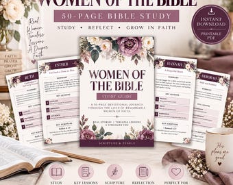 以下が含まれることがあります： 「Women of the Bible」と題された50ページの聖書学習ガイド。紫とクリーム色の花柄のイラストが特徴です。このガイドには、学習の要約、重要な教訓、聖書の参照箇所、個人的な学習のための振り返りページが含まれています。