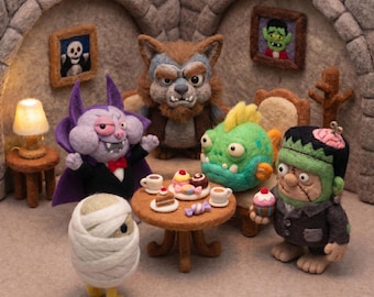 Handgemaakte vilten monsterset, fantasiewezensbeeldjes, eigenzinnig plankdecor, verzamelcadeau