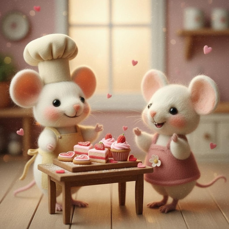 Pu&ograve; includere: Due topi dei cartoni animati, uno con cappello e grembiule da chef, l'altro con un vestito rosa, sono in piedi vicino a un tavolino di legno. Il tavolo contiene cupcakes, torte con fragole e biscotti a forma di cuore. Cuori rosa fluttuano nell'aria.