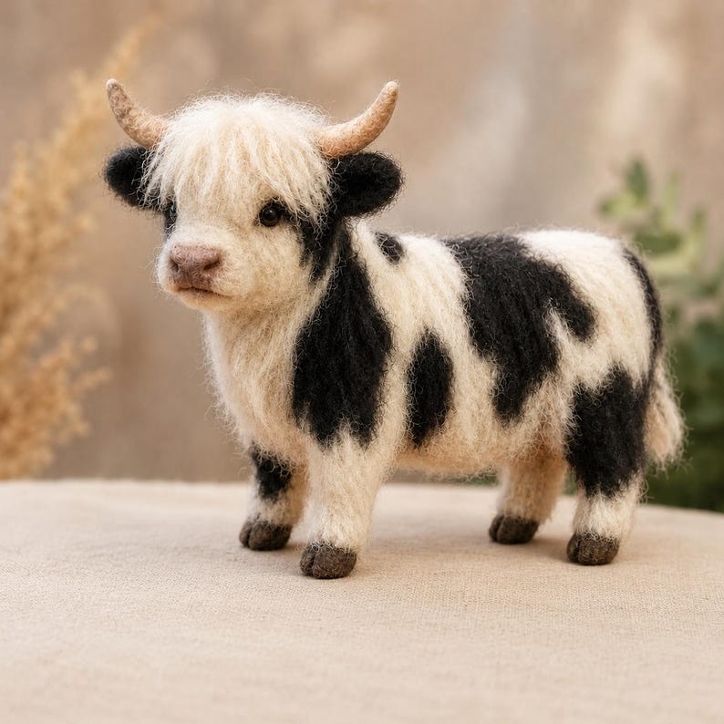 Peut inclure: Figurine miniature repr&eacute;sentant une vache des Highlands. Le corps est cr&egrave;me avec des taches noires, de petites cornes brunes et des yeux fonc&eacute;s. La figurine en laine est pos&eacute;e sur une surface neutre, mettant en valeur sa texture.