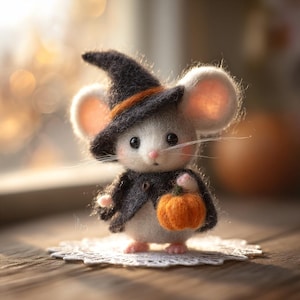 Puede incluir: Un ratón de fieltro caprichoso vestido con un sombrero y una chaqueta de bruja, sosteniendo una pequeña calabaza naranja. El ratón tiene ojos grandes y expresivos y largos bigotes. Está sobre un mantelito de encaje blanco.