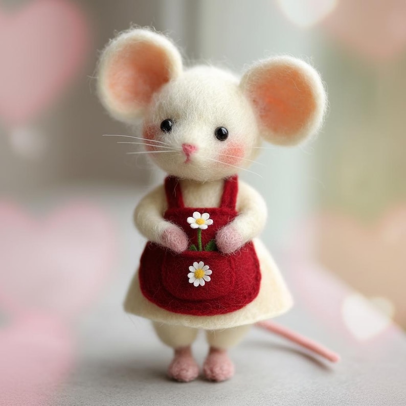 Pu&ograve; includere: Una figura di topo in feltro fatta a mano con grandi orecchie rosa chiaro e guance rosee. Il topo indossa un grembiule rosso con dettagli di margherite bianche e tiene in mano un piccolo bouquet di margherite. Il topo ha un vestito color crema e piedi rosa.