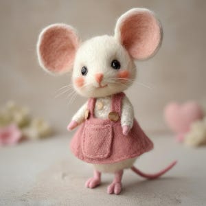 Pu&ograve; includere: Una figura di topo in feltro fatta a mano con corpo bianco, grandi orecchie rosa e un vestito rosa. Il topo ha un'espressione dolce con guance rosee e una lunga coda rosa. L'abito ha dettagli di bottoni in legno.