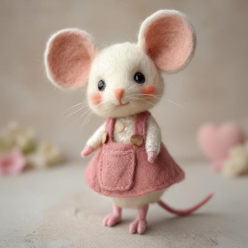Pu&ograve; includere: Una figura di topo in feltro fatta a mano con corpo bianco, grandi orecchie rosa e un vestito rosa. Il topo ha un'espressione dolce con guance rosee e una lunga coda rosa. L'abito ha dettagli di bottoni in legno.
