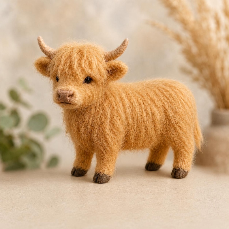 Peut inclure: Figurine miniature faite &agrave; la main repr&eacute;sentant une vache des Highlands. Le jouet en peluche est de couleur brun dor&eacute; chaud, avec de petites cornes incurv&eacute;es et des sabots fonc&eacute;s. La vache est sur une surface neutre.