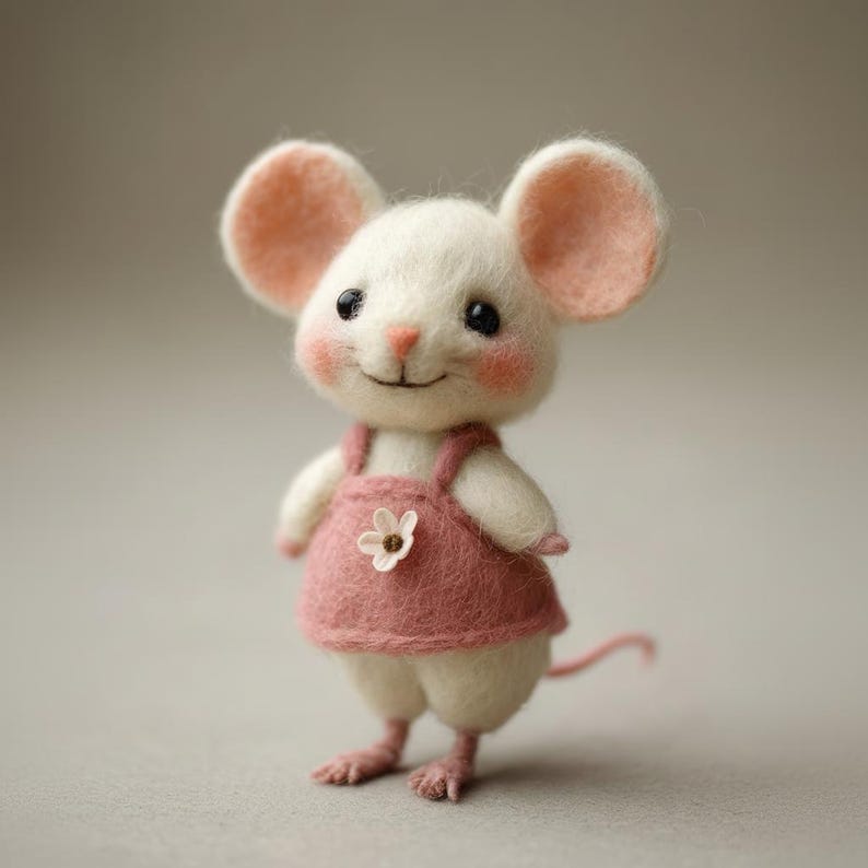 Pu&ograve; includere: Figurina di topo bianco fatta a mano, con grandi orecchie rosa e guance rosee. Il topo indossa un vestito rosa con un fiore bianco. La figurina ha un'espressione sorridente ed &egrave; in piedi.