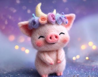 Figura de cerdo de fieltro de aguja, decoración celestial en tonos pastel, mini cerdo hecho a mano, regalo