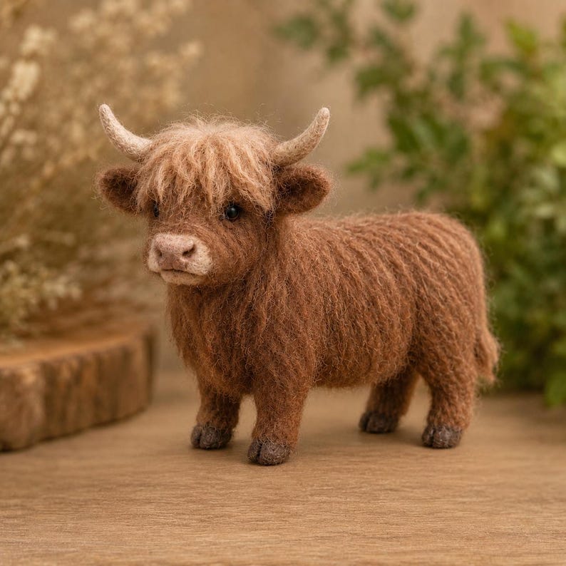 Peut inclure: Figurine artisanale d'une vache Highland miniature. La vache brune a un pelage hirsute, de petites cornes et une frange touffue. La figurine est pos&eacute;e sur une surface en bois, avec un arri&egrave;re-plan flou de verdure et de plantes s&eacute;ch&eacute;es.