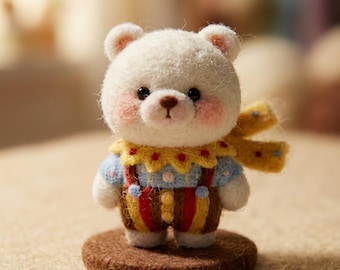 Needle Felt Bear Figurine, Wool Circus Bear, Miniature Shelf Decor