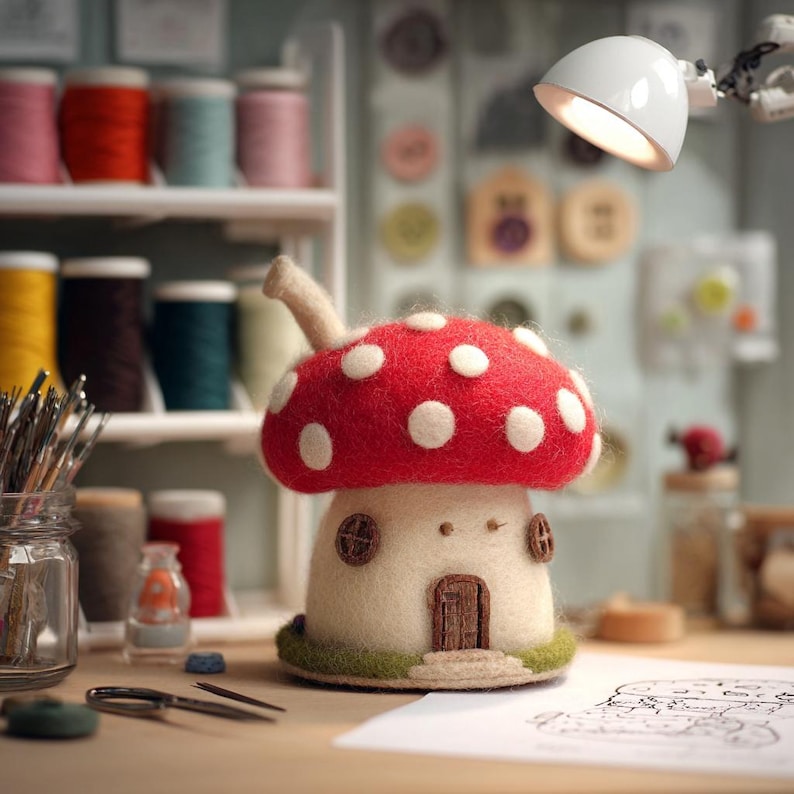 May include: A needle-felted mushroom house with a bright red cap featuring white polka dots and a cream-colored stem. The house has a small brown door and two circular windows. It sits on a green base, surrounded by sewing supplies and a lamp.