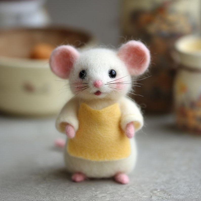 Pu&ograve; includere: Una figura di topo in feltro fatta a mano. Il topo &egrave; bianco con orecchie, zampe e naso rosa. Indossa un grembiule giallo. Il topo ha occhi neri e baffi. Un oggetto decorativo affascinante e stravagante.