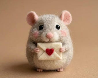 Needle Felt Mouse Figurines, Handmade Wool Mice with Heart, Whimsical Shelf Decor