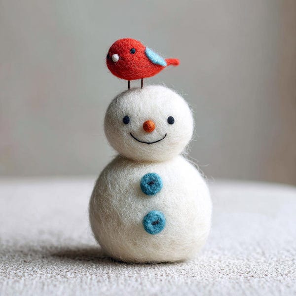 Needle Felt Snowman Figurine, Wool Snowman with Bird, Winter Shelf Decor