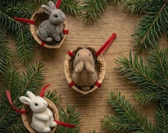 Needle Felt Bunny Ornament, Wool Rabbit Hanging Basket, Cottagecore Plant Decor