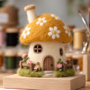 May include: A needle-felted mushroom house sculpture featuring a golden-yellow cap with white daisy patterns and a chimney. The cream-colored base has a brown arched door, two small windows, and a green grassy yard with a brown fence and pink flowers.
