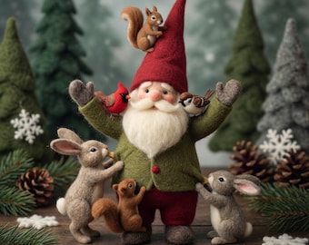 May include: A needle-felted gnome figurine with a red hat, green jacket, and white beard, surrounded by two felted rabbits, two squirrels, and a red cardinal. The letter F is positioned above the gnome's hat in this winter scene.