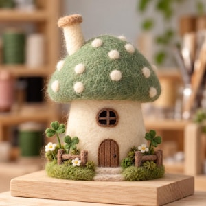 May include: A needle-felted mushroom house sculpture featuring a cream-colored base with a brown arched door and a small window. The roof is sage green with white polka dots and a chimney. It includes a small brown fence, green clover, and white flowers.