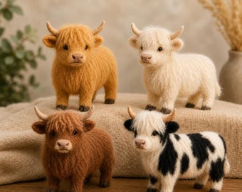 Naaldvilt beeldje hooglandkoe, handgemaakt wollen boerderijdierendecor