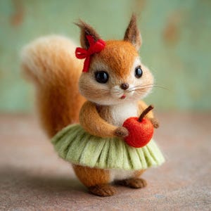 Pode incluir: Figurinha de esquilo artesanal em feltro com um laço vermelho, segurando uma maçã vermelha e usando um tutu verde claro. O esquilo tem olhos grandes e pretos e uma cauda fofa. Um item decorativo charmoso.