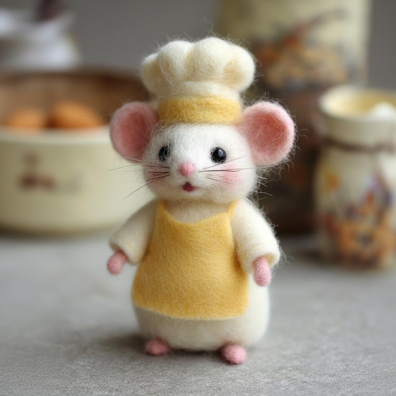 Pu&ograve; includere: Figurina di topo in feltro fatta a mano vestita da chef. Il topo indossa un cappello da chef bianco con una fascia gialla, un grembiule giallo e un'uniforme bianca. Ha orecchie, naso e piedi rosa, con occhi neri e baffi. La figurina &egrave; in piedi.