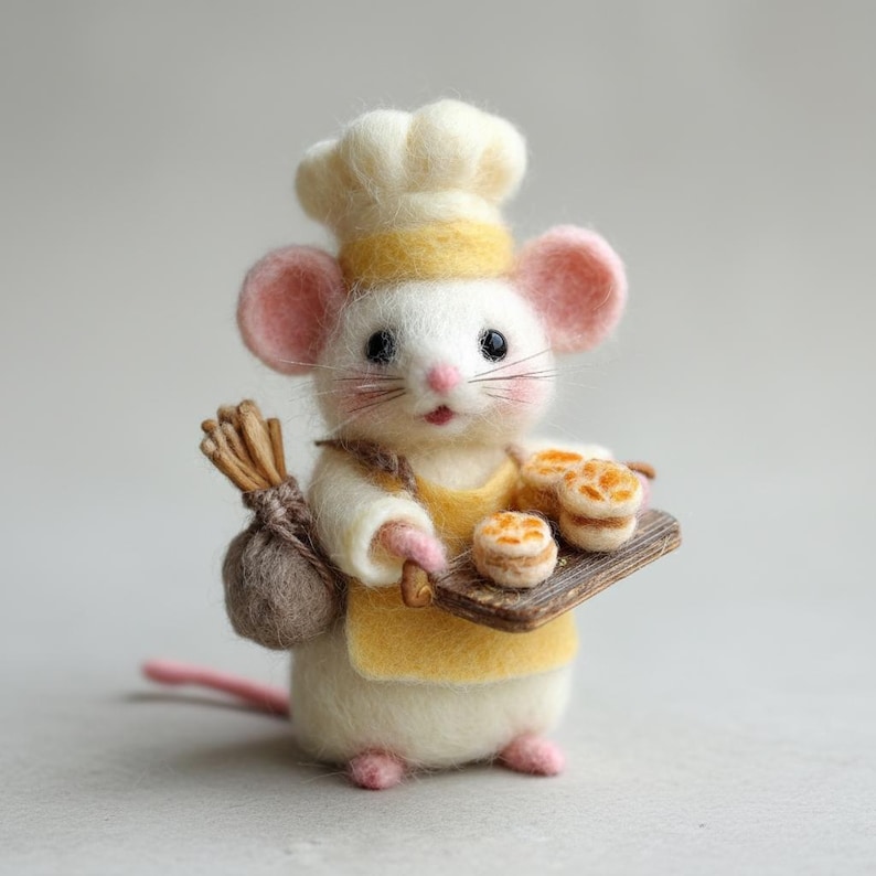 Pu&ograve; includere: Figurina di topo in feltro fatta a mano vestita da fornaio, con cappello da chef e grembiule. Il topo tiene in mano un vassoio di legno con pasticcini in miniatura e un piccolo sacco. Il topo ha orecchie rosa e una coda rosa.