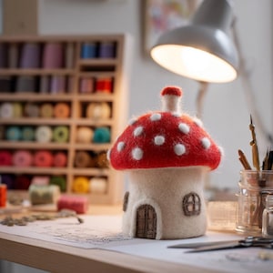 May include: A needle-felted mushroom house sculpture with a vibrant red cap featuring white polka dots, a cream-colored stem, and brown embroidered details for the door and windows. The soft, fuzzy texture is visible on the rounded cap.