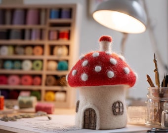 Needle Felted Mushroom House – Wool Felt Fairy Cottage Decor,  Forest Home Ornament