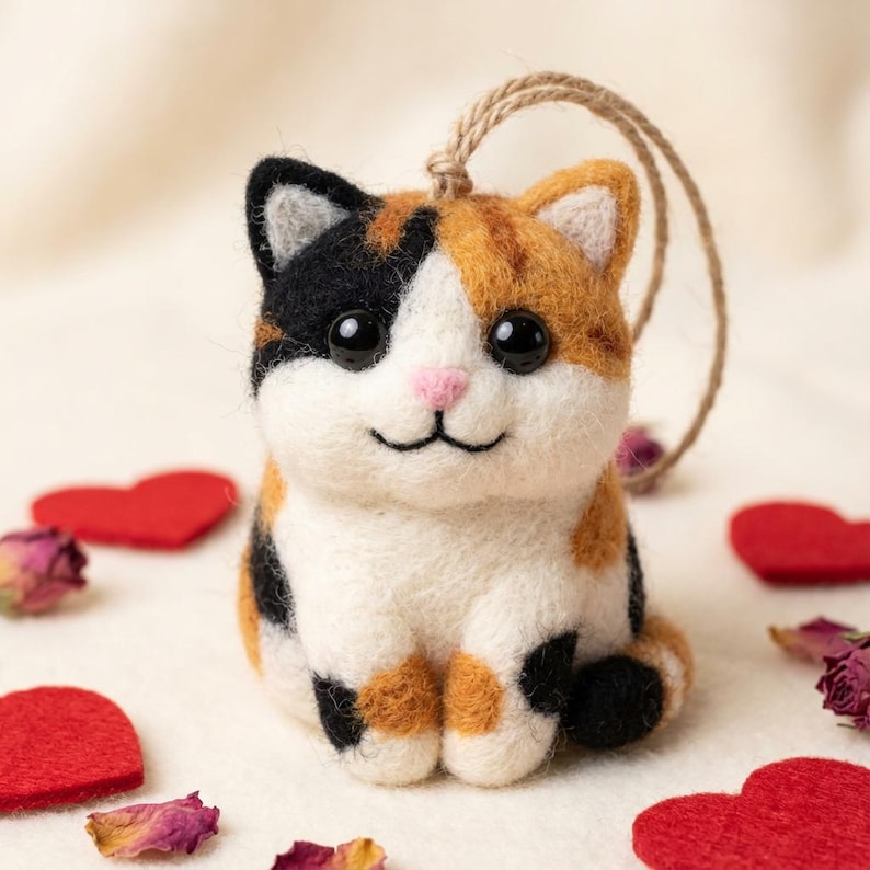 May include: A handmade felt cat figurine with black, orange, and white patches. The cat has a pink nose, black eyes, and a smiling mouth. A twine loop is attached for hanging. Red felt hearts and dried rose petals are scattered around the cat.
