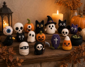 Juego de miniaturas de fieltro de aguja para Halloween, colección de personajes espeluznantes de lana, decoración de bandeja escalonada