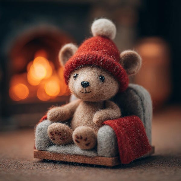 Needle Felt Teddy Bear Figurine, Removable Mini Figure with Sofa, Cozy Shelf Decor