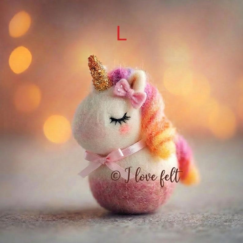Op de afbeelding: Een handgemaakt eenhoorn van vilt met een gouden hoorn, roze strik en een roze en oranje manen. De eenhoorn heeft gesloten ogen en roze wangen. De tekst "&copy; I love felt" is zichtbaar. Een grillig decoratief item.