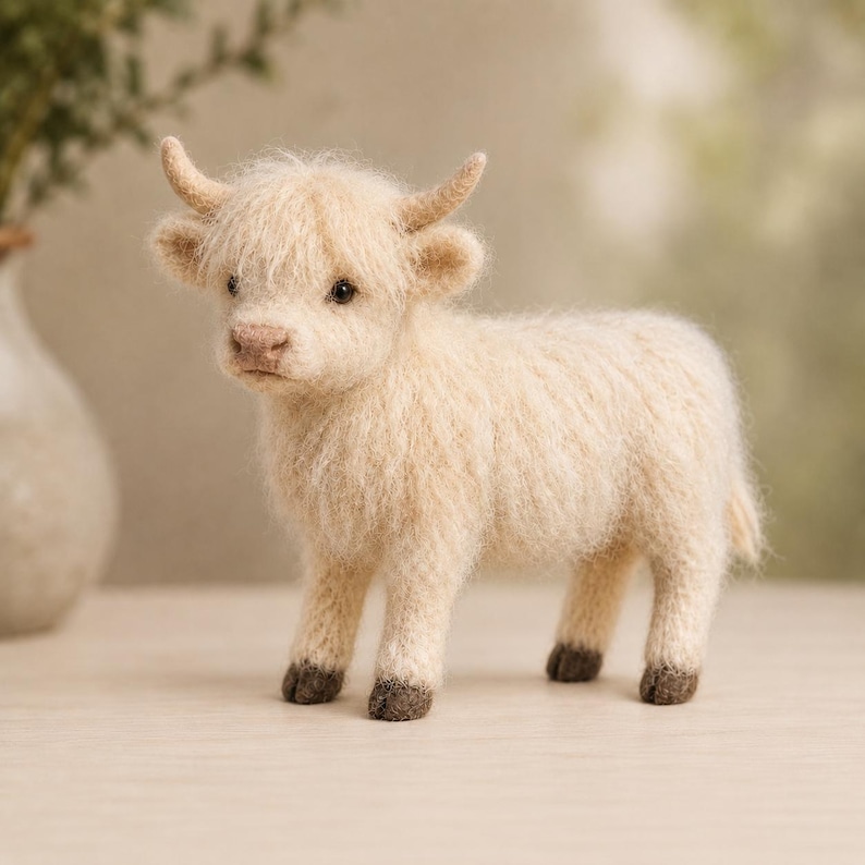 Peut inclure: Figurine artisanale de vache des Highlands de couleur cr&egrave;me, avec une fourrure duveteuse et de petites cornes. La figurine miniature a des sabots brun fonc&eacute;. Cette charmante figurine est parfaite pour la d&eacute;coration int&eacute;rieure ou comme cadeau unique.