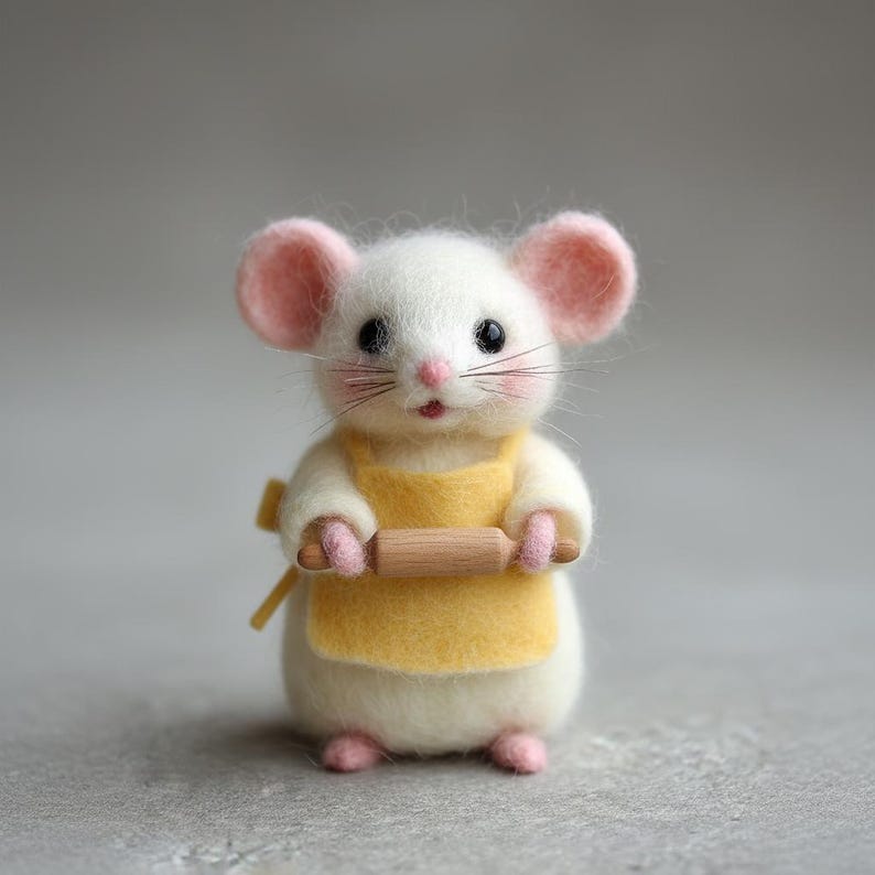 Pu&ograve; includere: Figurina di topo in feltro fatta a mano, con un grembiule giallo e un mattarello di legno. Il topo ha orecchie, piedi e mani rosa, con occhi neri e baffi. La figurina &egrave; alta circa 8 cm.